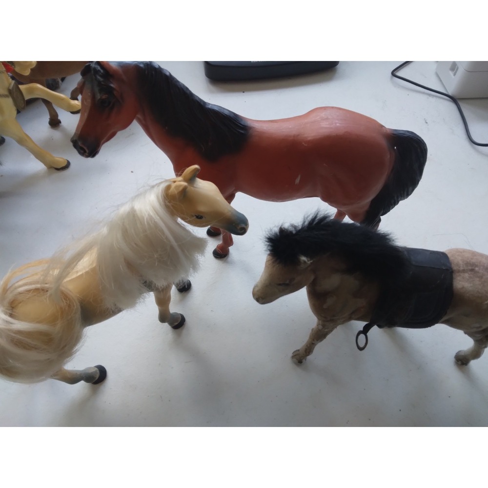 Bundle 3 vintage model toy horses plastic one flocked with saddle 8 in two 6in